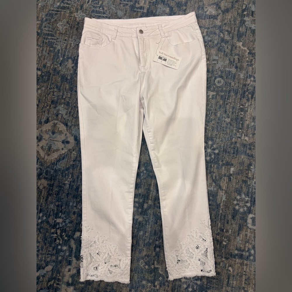 Soft Surroundings Women's White Lace Embellished Hem Jeans Size 16